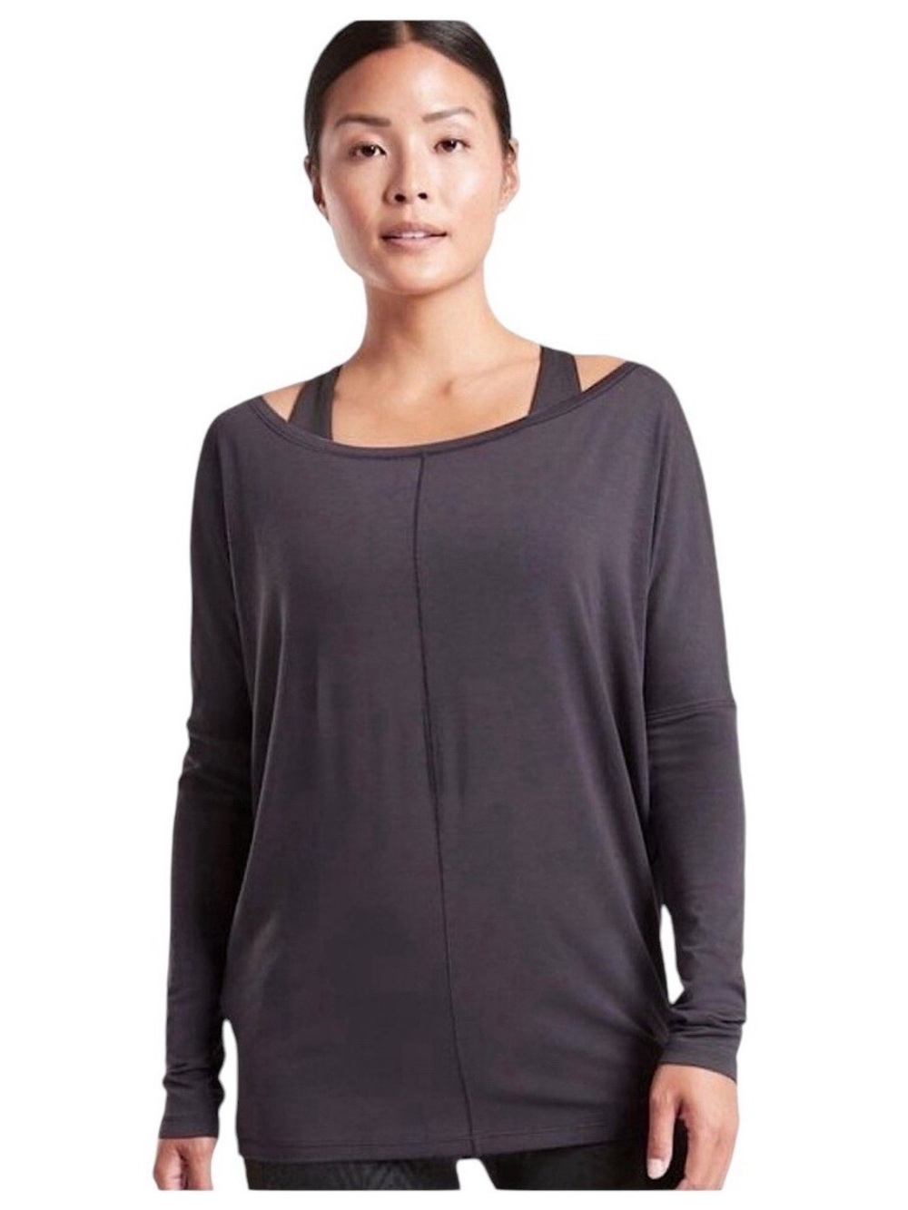 🧘 Athleta Women’s Essence Flow Top in Spring Night Gray - Size M Yoga Athleisure